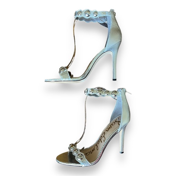 Sam Edelmen Addison Embellished Ankle Strap Sandal Stiletto Heel Metallic Silver - Picture 8 of 16